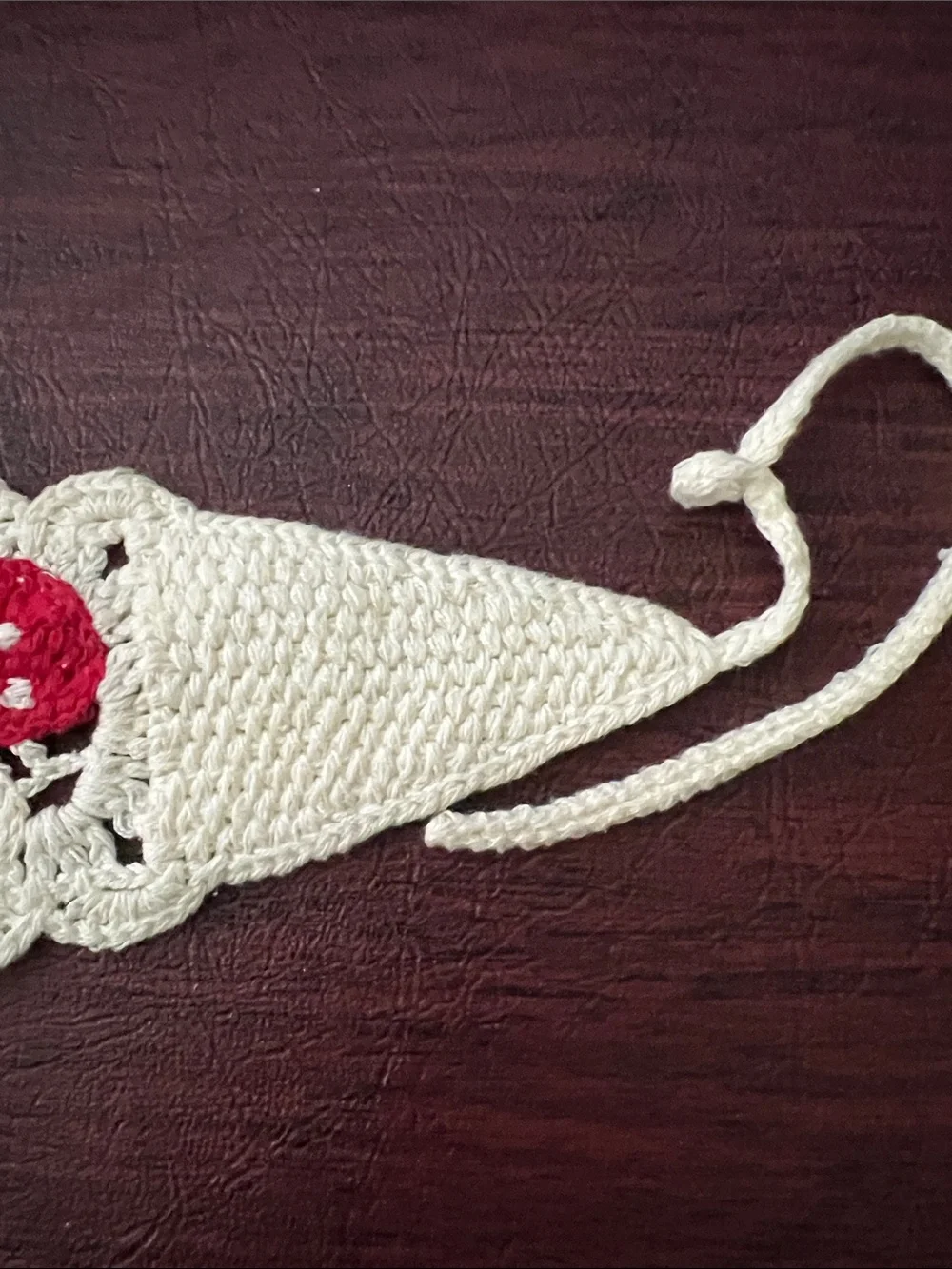 Cream Crochet Headband with Red Mushroom Accents